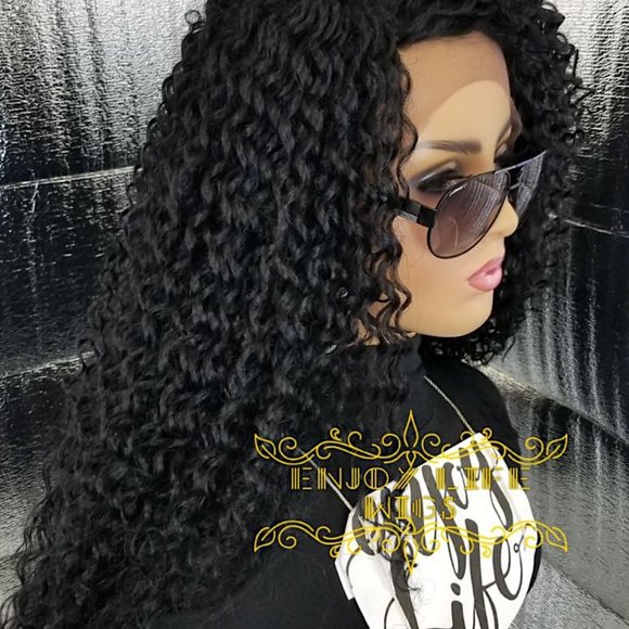 Black kinky curly side part wig human blend